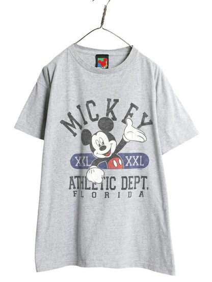 90s ミッキー イラスト プリント Tシャツ メンズ レディース L / 古着 オールド ディズニー オフィシャル キャラクター ヘビーウェイト 灰