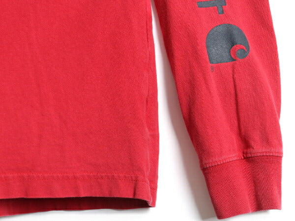 ■ カーハート 袖 プリント コットン 長袖 Tシャツ ( メンズ M ) 古着 CARHARTT ロゴTシャツ ロンT プリントT 袖プリ クルーネック レッド