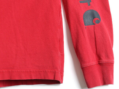 ■ カーハート 袖 プリント コットン 長袖 Tシャツ ( メンズ M ) 古着 CARHARTT ロゴTシャツ ロンT プリントT 袖プリ クルーネック レッド