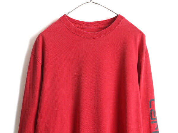 ■ カーハート 袖 プリント コットン 長袖 Tシャツ ( メンズ M ) 古着 CARHARTT ロゴTシャツ ロンT プリントT 袖プリ クルーネック レッド