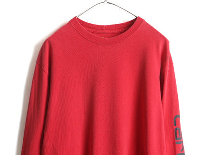 ■ カーハート 袖 プリント コットン 長袖 Tシャツ ( メンズ M ) 古着 CARHARTT ロゴTシャツ ロンT プリントT 袖プリ クルーネック レッド