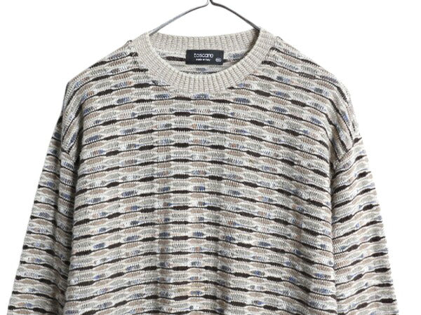 イタリア製 TOSCANO 3D 立体編み デザイン ニット セーター メンズ XXL 古着 コットン レーヨン アクリル 総柄 マルチカラー 大きいサイズ