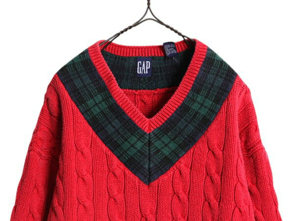 90s OLD GAP チルデン ケーブル ニット セーター メンズ レディース М / 古着 オールド ギャップ 紺タグ Vネック ヘビーウェイト コットン