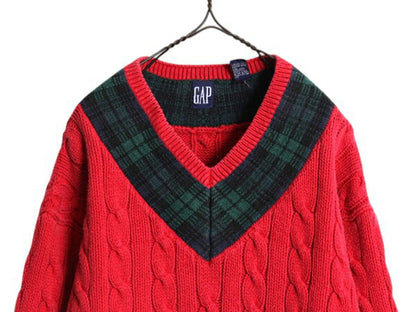 90s OLD GAP チルデン ケーブル ニット セーター メンズ レディース М / 古着 オールド ギャップ 紺タグ Vネック ヘビーウェイト コットン