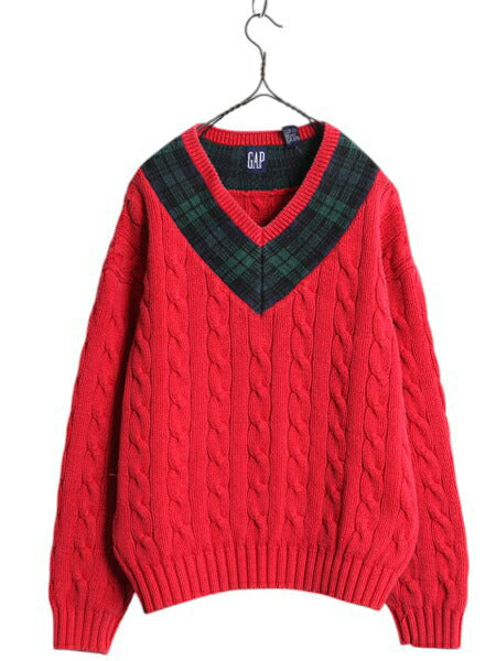 90s OLD GAP チルデン ケーブル ニット セーター メンズ レディース М / 古着 オールド ギャップ 紺タグ Vネック ヘビーウェイト コットン