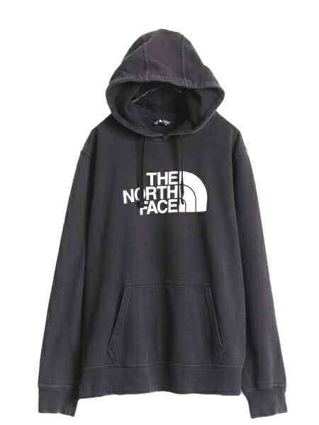 ノースフェイス プリント スウェット フード パーカー メンズ L 古着 The North Face ロゴ プルオーバー 裏起毛 トレーナー アウトドア 黒