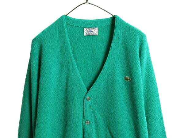 70s 80s ラコステ アクリル ニット カーディガン メンズ レディース L 程 ヴィンテージ IZOD LACOSTE 羽織り 前開き 糸巻タグ セーター 緑