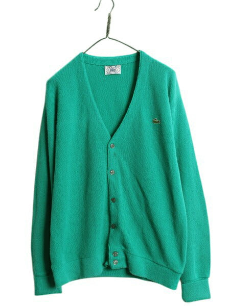 70s 80s ラコステ アクリル ニット カーディガン メンズ レディース L 程 ヴィンテージ IZOD LACOSTE 羽織り 前開き 糸巻タグ セーター 緑