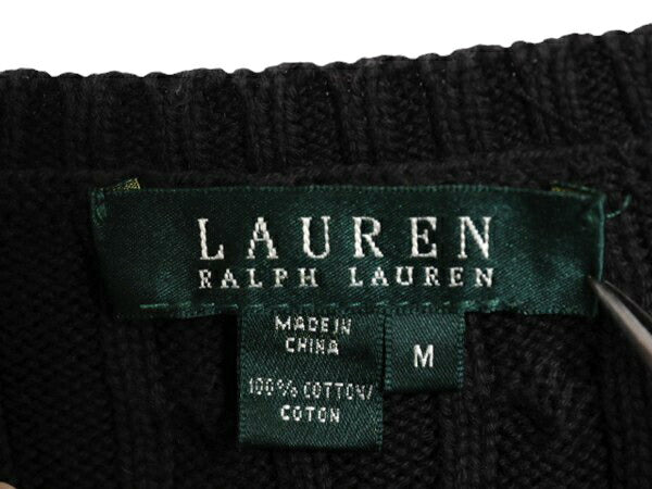 90s LAUREN ラルフローレン コットン ケーブル ニット セーター レディース М / オールド ポロ 長袖ニット ワンポイント クルーネック 黒