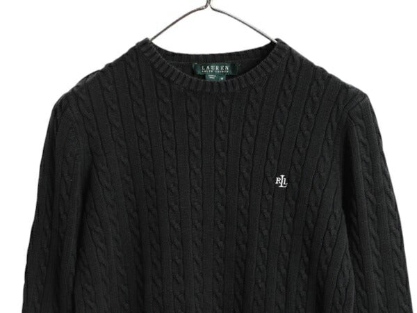 90s LAUREN ラルフローレン コットン ケーブル ニット セーター レディース М / オールド ポロ 長袖ニット ワンポイント クルーネック 黒