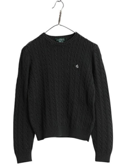 90s LAUREN ラルフローレン コットン ケーブル ニット セーター レディース М / オールド ポロ 長袖ニット ワンポイント クルーネック 黒