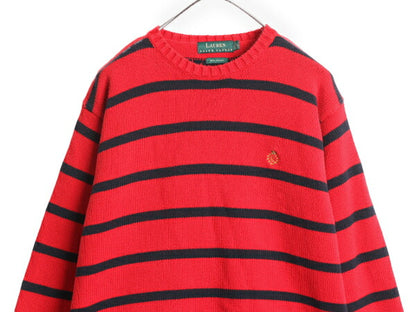 90s LAUREN ラルフローレン ボーダー コットン ニット セーター メンズ L 古着 POLO 90年代 オールド ロゴ刺繍 ワンポイント 2トーン ポロ