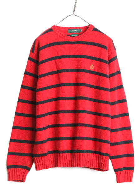 90s LAUREN ラルフローレン ボーダー コットン ニット セーター メンズ L 古着 POLO 90年代 オールド ロゴ刺繍 ワンポイント 2トーン ポロ