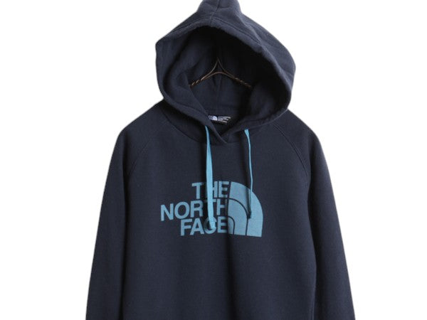 ノースフェイス プリント スウェット フード パーカー レディース XS 古着 The North Face プルオーバー トレーナー 裏起毛 薄手 ネイビー