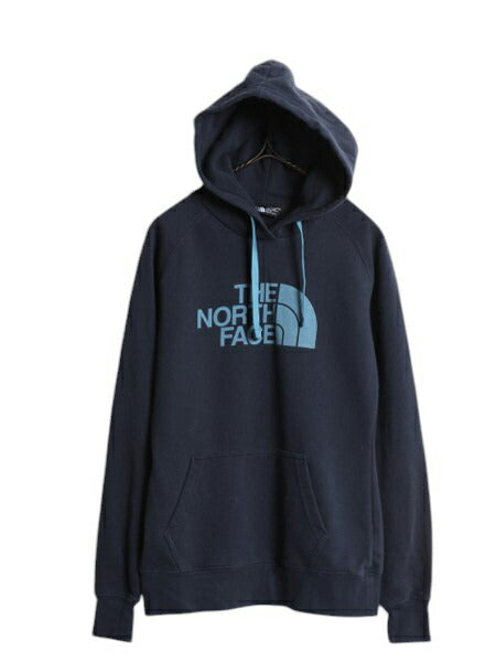 ノースフェイス プリント スウェット フード パーカー レディース XS 古着 The North Face プルオーバー トレーナー 裏起毛 薄手 ネイビー
