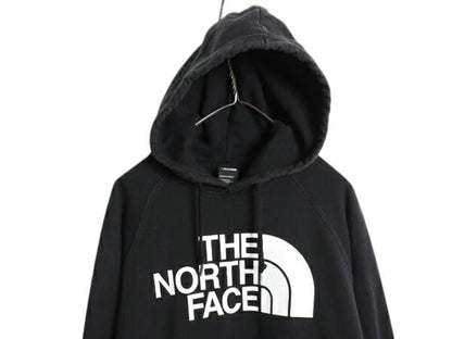 US企画 ノースフェイス プリント スウェット フード パーカー レディース L 古着 The North Face トレーナー プルオーバー 裏起毛 ブラック
