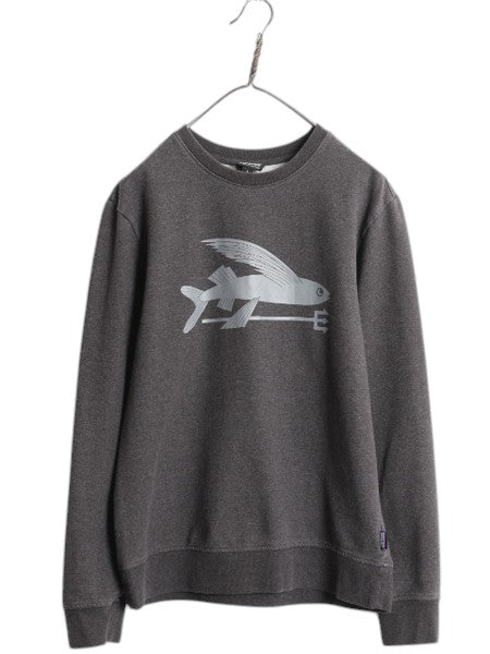 パタゴニア プリント スウェット メンズ S / 古着 16年製 Patagonia トレーナー ストレッチ 裏起毛 クルーネック フライング フィッシュ 灰