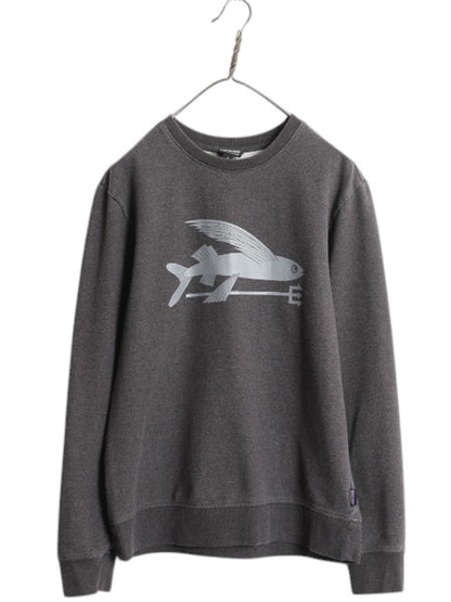 パタゴニア プリント スウェット メンズ S / 古着 16年製 Patagonia トレーナー ストレッチ 裏起毛 クルーネック フライング フィッシュ 灰