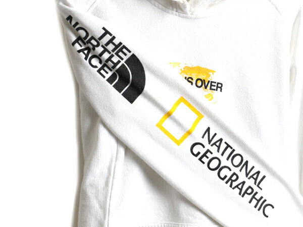 日本未発売 ■ ノースフェイス 袖 プリント スウェット フード パーカー ( メンズ S 程) 古着 The North Face ナショナルジオグラフィック