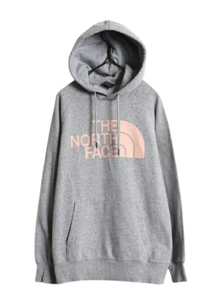 US企画 ノースフェイス プリント スウェット フード パーカー レディース М 古着 The North Face トレーナー プルオーバー 裏起毛 グレー