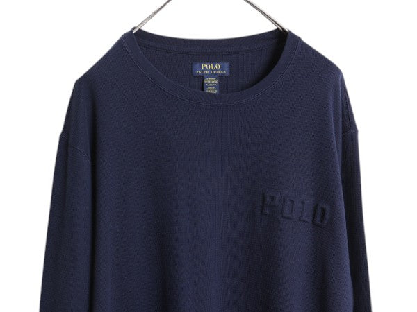ポロ ラルフローレン サーマル 長袖 Tシャツ メンズ XL / 古着 ロンT アンダーシャツ ワッフル ワンポイント 大きいサイズ 3D エンボス 紺