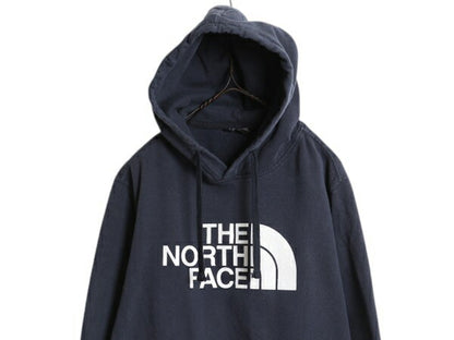 ノースフェイス プリント スウェット フード パーカー メンズ S 古着 The North Face プルオーバー 裏起毛 トレーナー アウトドア 薄手 紺