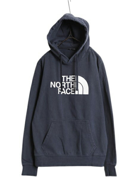 ノースフェイス プリント スウェット フード パーカー メンズ S 古着 The North Face プルオーバー 裏起毛 トレーナー アウトドア 薄手 紺