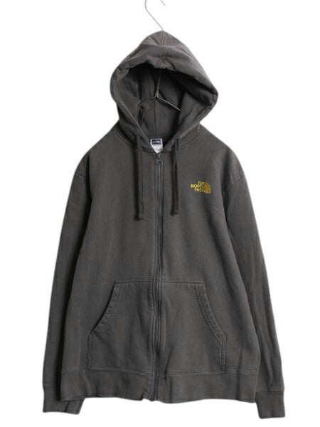 ノースフェイス フルジップ スウェット フード パーカー メンズ L 古着 The North Face アウトドア トレーナー 裏起毛 ワンポイント グレー