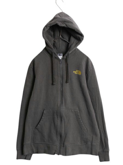 ノースフェイス フルジップ スウェット フード パーカー メンズ L 古着 The North Face アウトドア トレーナー 裏起毛 ワンポイント グレー