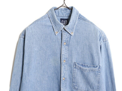 90s OLD GAP ボタンダウン 長袖 デニム シャツ メンズ S / 古着 90年代 オールド ギャップ 紺タグ 無地 ポケット付き BD 長袖シャツ ブルー