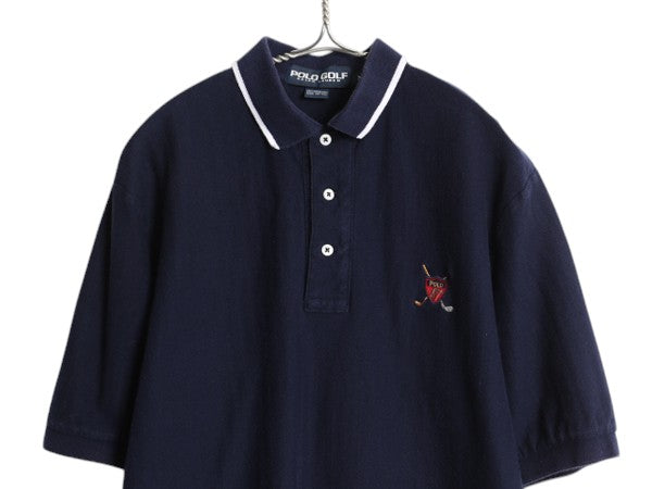 90s ポロゴルフ ラルフローレン 半袖 ポロシャツ メンズ М オールド コットン 半袖シャツ ワンポイント ヘリンボーン カットソー ネイビー