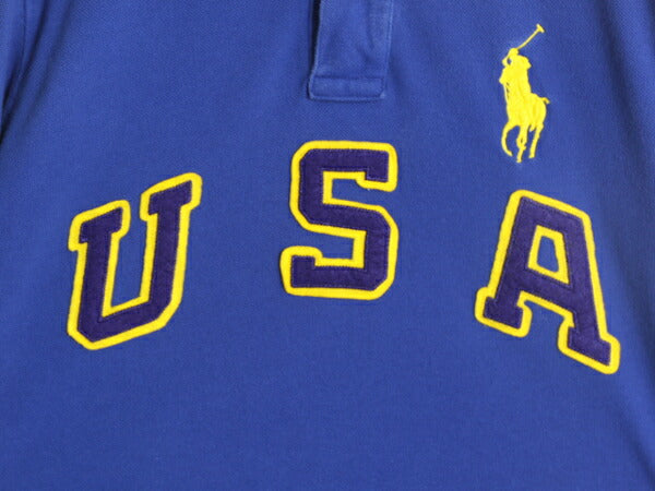 ミドルポニー ポロ ラルフローレン 鹿の子 半袖 ポロシャツ メンズ М 古着 半袖シャツ ナンバリング USA ワッペン コットン 2トーン 青 黄