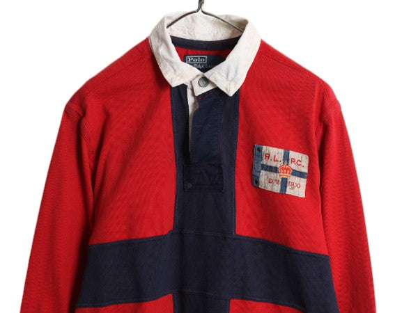 90s ポロ ラルフローレン 長袖 ラガーシャツ メンズ L / 古着 オールド ラグビーシャツ 長袖シャツ ワンポイント ヘビーウェイト ツートン