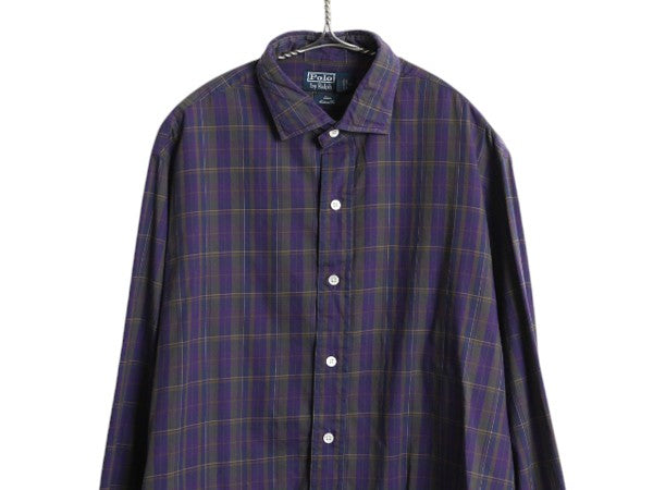 90s ポロ ラルフローレン チェック 長袖 シャツ メンズ L 古着 オールド 長袖シャツ 薄手 コットン ポニー無し マルチカラー シンプル 細身
