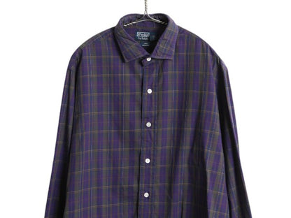 90s ポロ ラルフローレン チェック 長袖 シャツ メンズ L 古着 オールド 長袖シャツ 薄手 コットン ポニー無し マルチカラー シンプル 細身