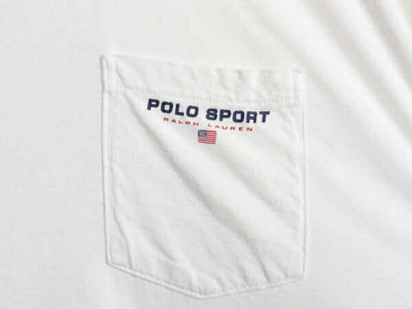 90s USA製 ポロスポーツ ラルフローレン ポケット付き プリント 半袖 Tシャツ メンズ L / オールド 星条旗 ロゴ シングルステッチ ポケT 白