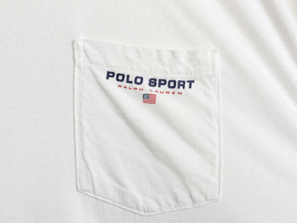 90s USA製 ポロスポーツ ラルフローレン ポケット付き プリント 半袖 Tシャツ メンズ L / オールド 星条旗 ロゴ シングルステッチ ポケT 白