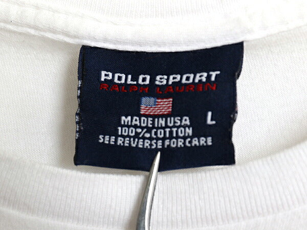 90s USA製 ポロスポーツ ラルフローレン ポケット付き プリント 半袖 Tシャツ メンズ L / オールド 星条旗 ロゴ シングルステッチ ポケT 白