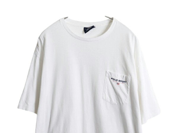 90s USA製 ポロスポーツ ラルフローレン ポケット付き プリント 半袖 Tシャツ メンズ L / オールド 星条旗 ロゴ シングルステッチ ポケT 白