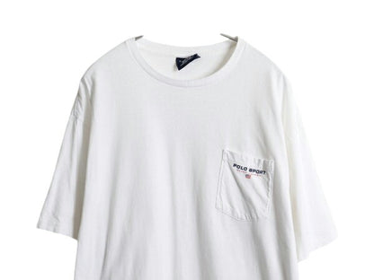 90s USA製 ポロスポーツ ラルフローレン ポケット付き プリント 半袖 Tシャツ メンズ L / オールド 星条旗 ロゴ シングルステッチ ポケT 白