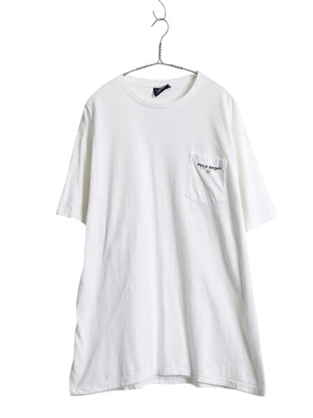 90s USA製 ポロスポーツ ラルフローレン ポケット付き プリント 半袖 Tシャツ メンズ L / オールド 星条旗 ロゴ シングルステッチ ポケT 白