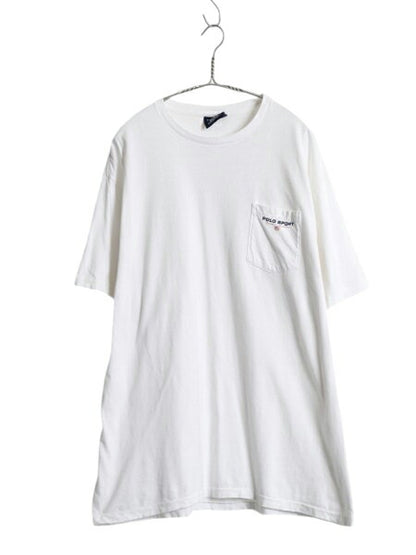 90s USA製 ポロスポーツ ラルフローレン ポケット付き プリント 半袖 Tシャツ メンズ L / オールド 星条旗 ロゴ シングルステッチ ポケT 白