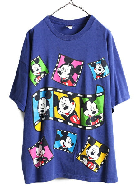 90s 大きいサイズ XL 程■ ディズニー オフィシャル ミッキー プリント 半袖 Tシャツ メンズ レディース / 90年代 DISNEY キャラクター 青