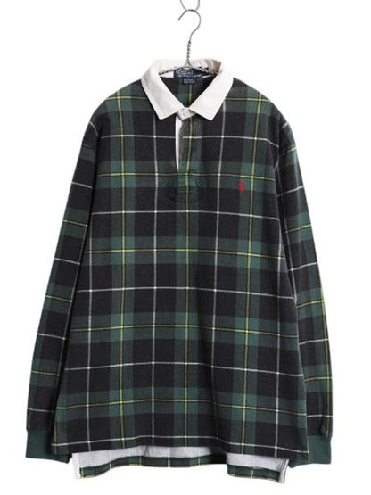 90s ポロ ラルフローレン チェック 長袖 ラガーシャツ メンズ М / オールド ラグビー 長袖シャツ ポロシャツ ヘビーウェイト マルチカラー