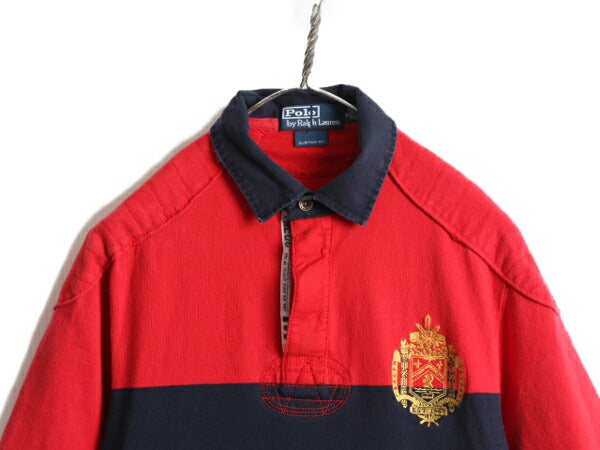 ビンテージ加工 ■ ポロ ラルフローレン ポケット付き 長袖 ラガー シャツ メンズ S / 古着 POLO ラグビーシャツ 長袖シャツ 2トーン 赤 黒