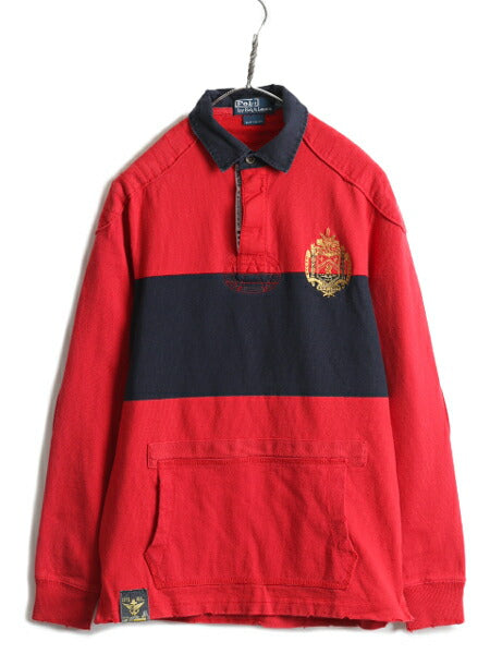ビンテージ加工 ■ ポロ ラルフローレン ポケット付き 長袖 ラガー シャツ メンズ S / 古着 POLO ラグビーシャツ 長袖シャツ 2トーン 赤 黒