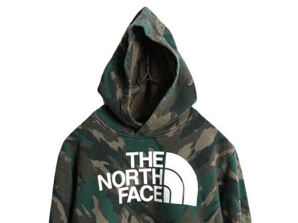 ノースフェイス 迷彩 総柄 ロゴ プリント スウェット フード パーカー キッズ L レディース XS 程/ 古着 The North Face 裏起毛 トレーナー
