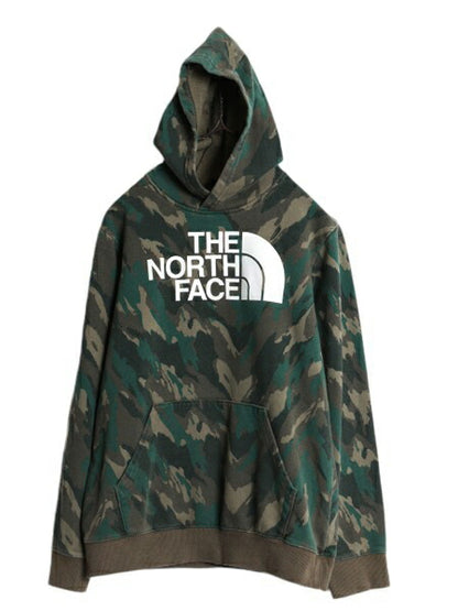 ノースフェイス 迷彩 総柄 ロゴ プリント スウェット フード パーカー キッズ L レディース XS 程/ 古着 The North Face 裏起毛 トレーナー