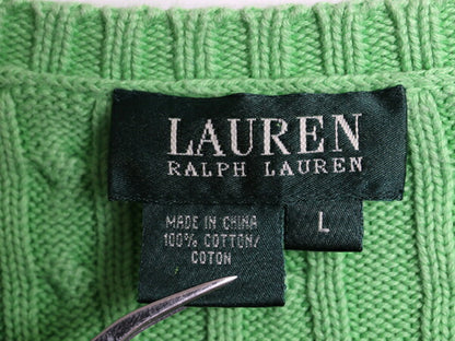 00s LAUREN ラルフローレン コットン ケーブル ニット セーター レディース L 00年代 オールド ポロ 長袖ニット ワンポイント クルーネック
