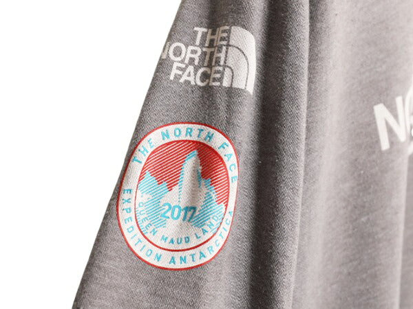 US企画 ノースフェイス プリント スウェット フード パーカー レディース M / The North Face プルオーバー トレーナー 限定 袖プリント 灰